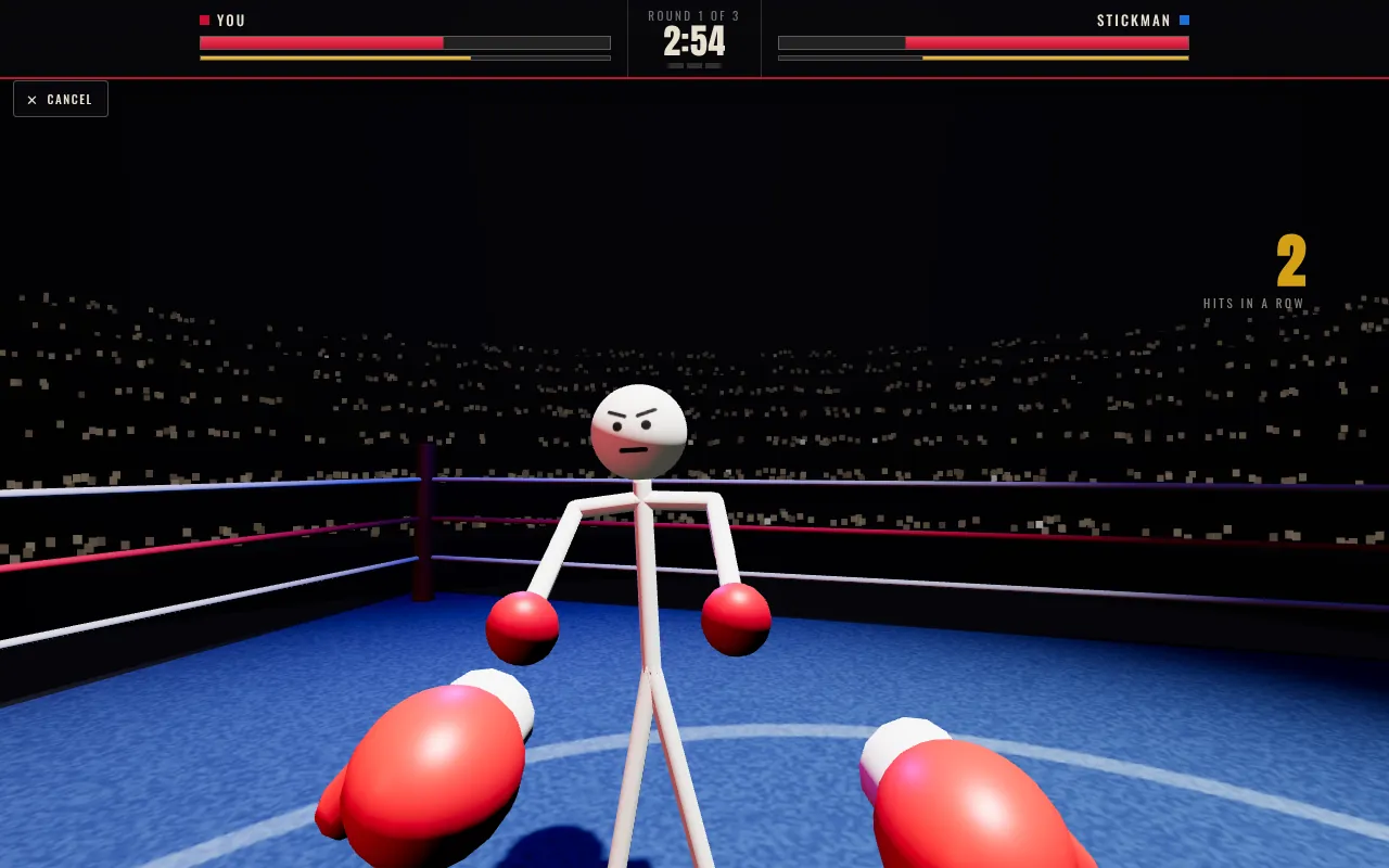 First-person view in Boxing: your two red gloves at the bottom, the Stickman in front of you in the ring, health and stamina bars for both fighters along the top