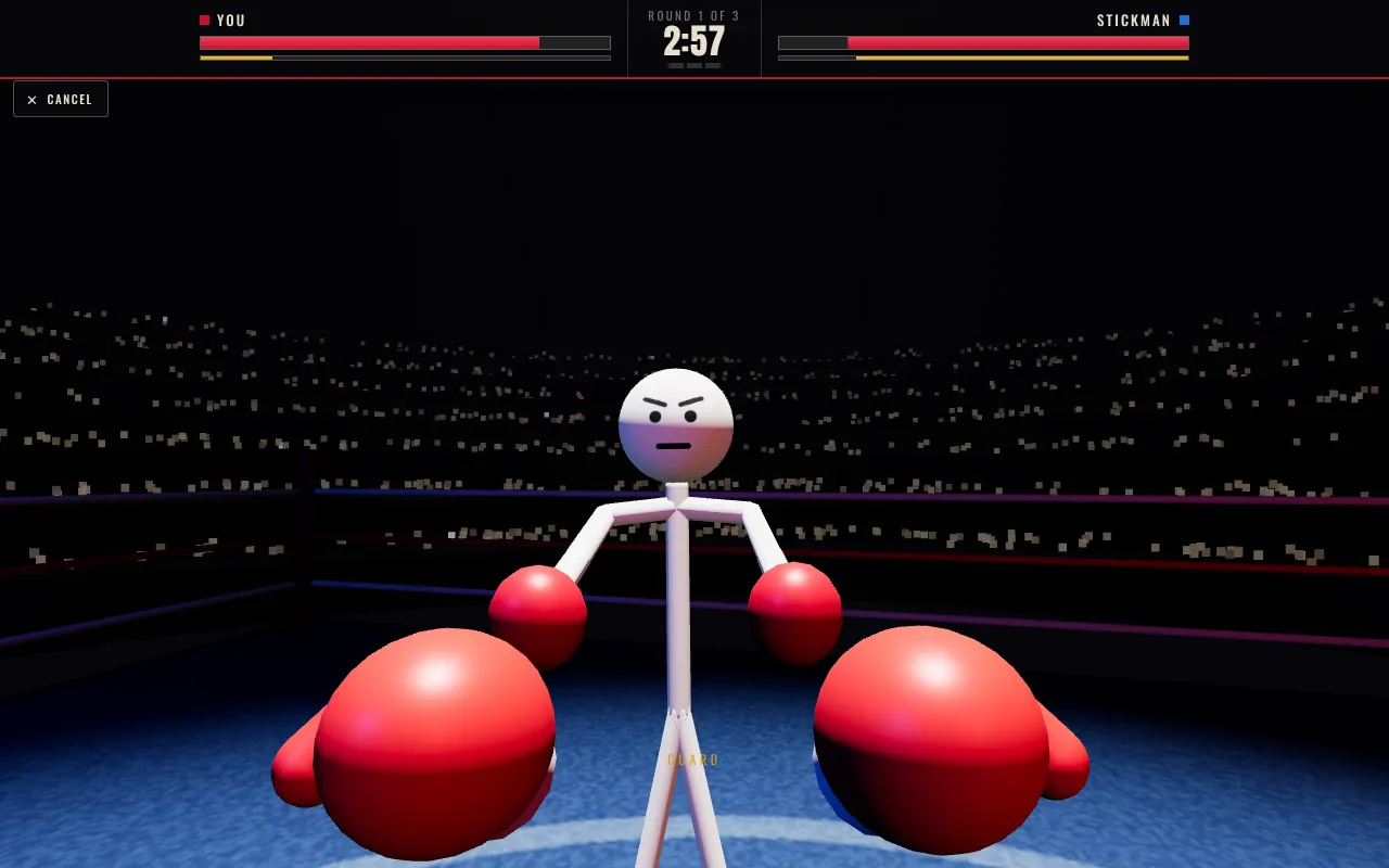 Raised guard in Boxing: both gloves pulled up in front of the face, the Stickman behind them and the word Guard at the bottom of the screen