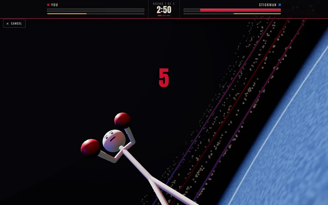Boxing after a knockdown: the camera lies on the canvas and looks up at the Stickman at an angle, the referee's count of 5 in the middle