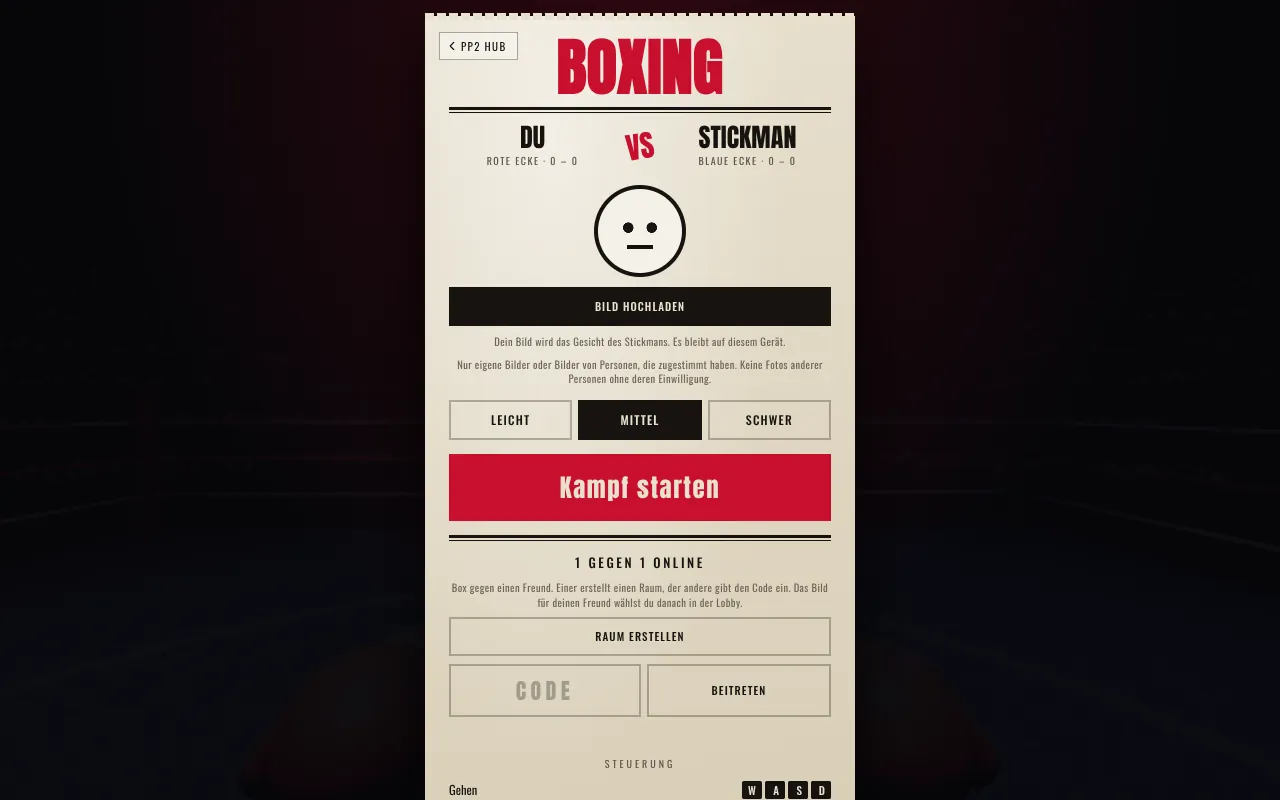 Startbildschirm von Boxing: DU gegen STICKMAN, ein Knopf zum Hochladen eines Bildes, die Stufen Leicht, Mittel und Schwer und der Knopf „Kampf starten“