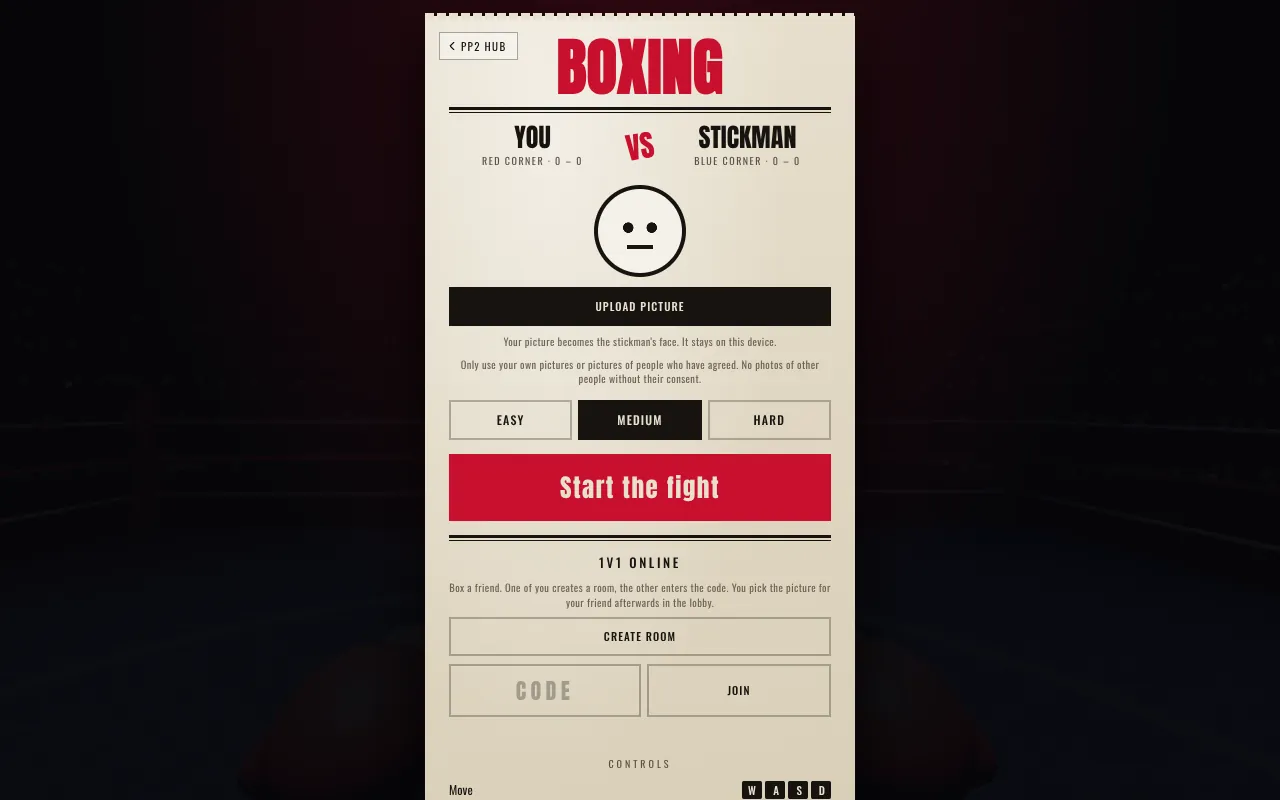 Boxing start screen: YOU versus STICKMAN, a button to upload a picture, the levels Easy, Medium and Hard and the Start the fight button