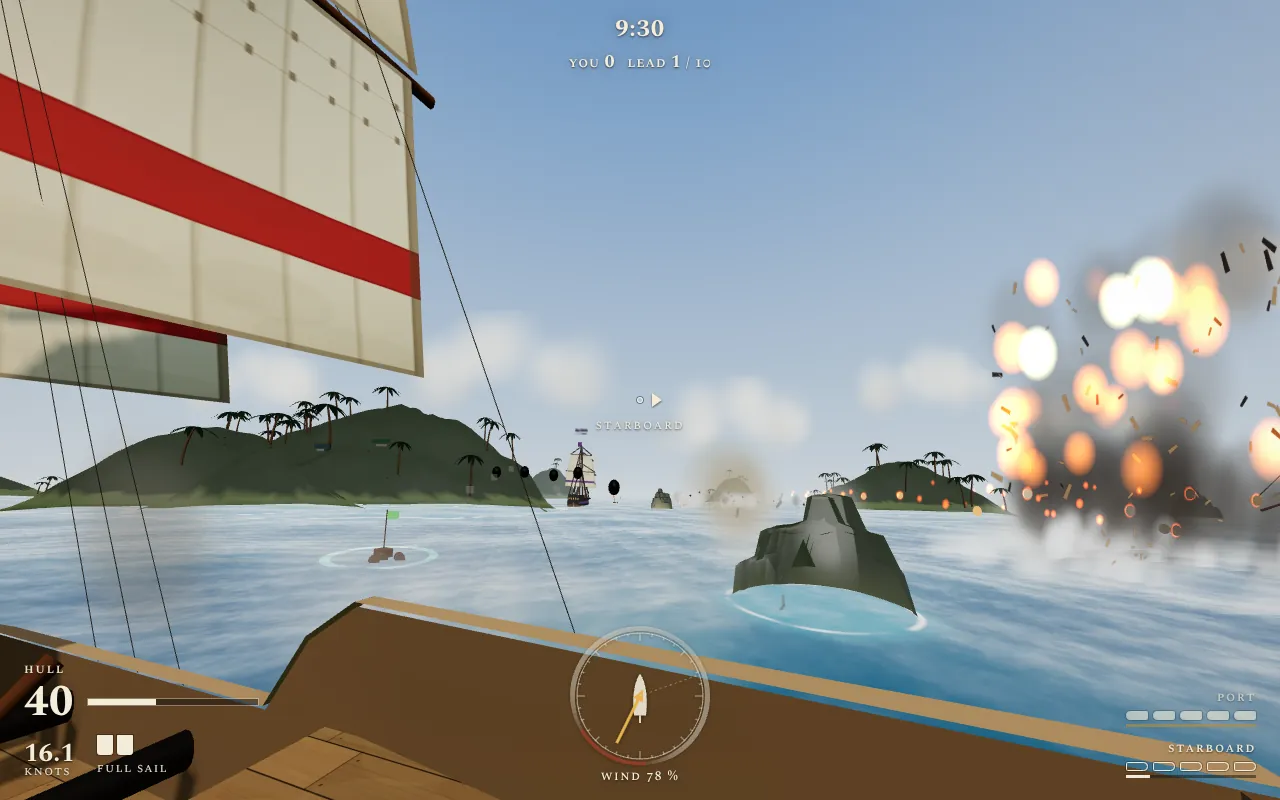 Broadside: a volley of black cannonballs flying across the water towards an enemy frigate in the distance, an explosion on the right