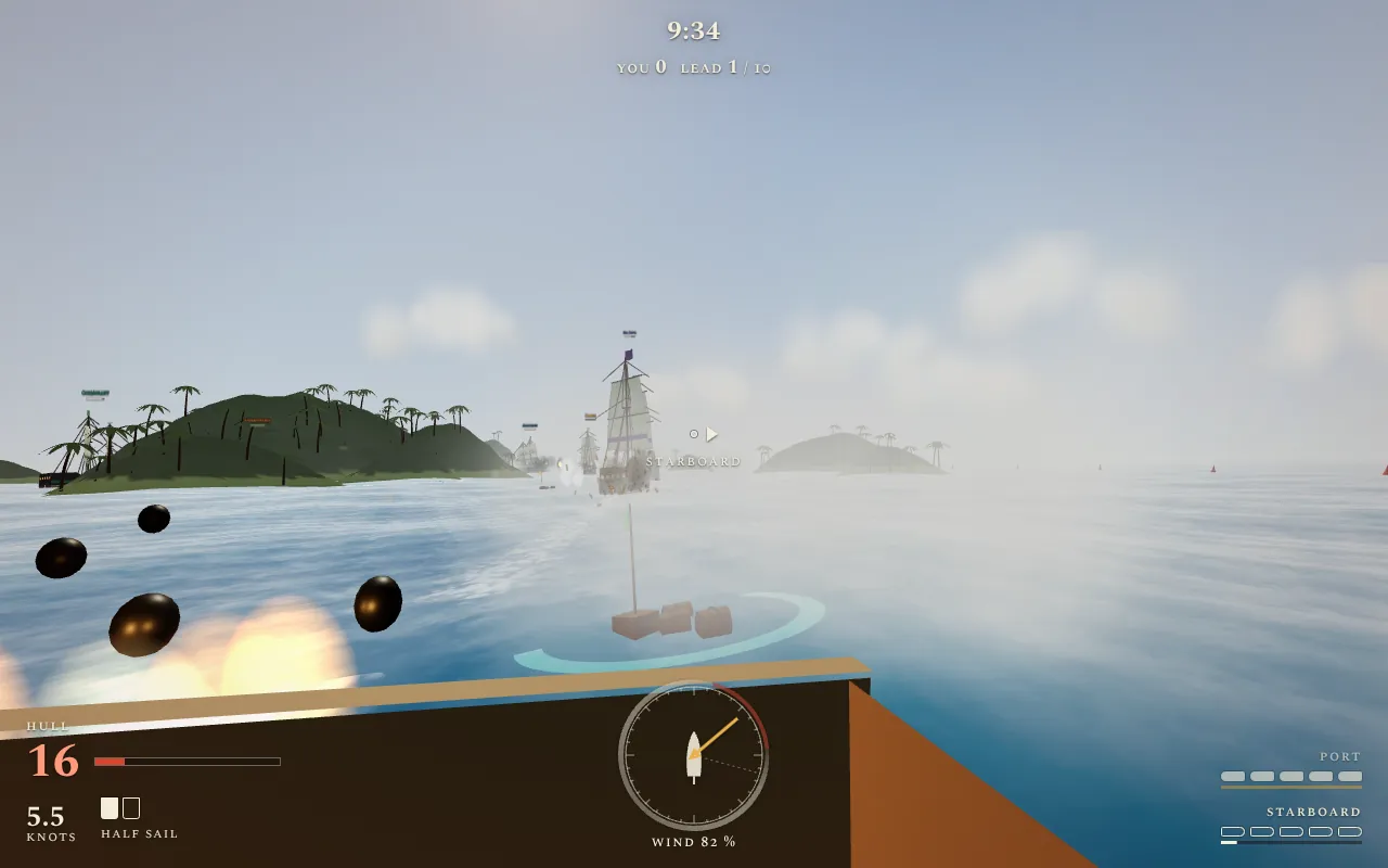 Cannonballs and muzzle flashes leave the starboard side of the frigate; the crosshair, labelled Starboard, sits on an enemy ship.