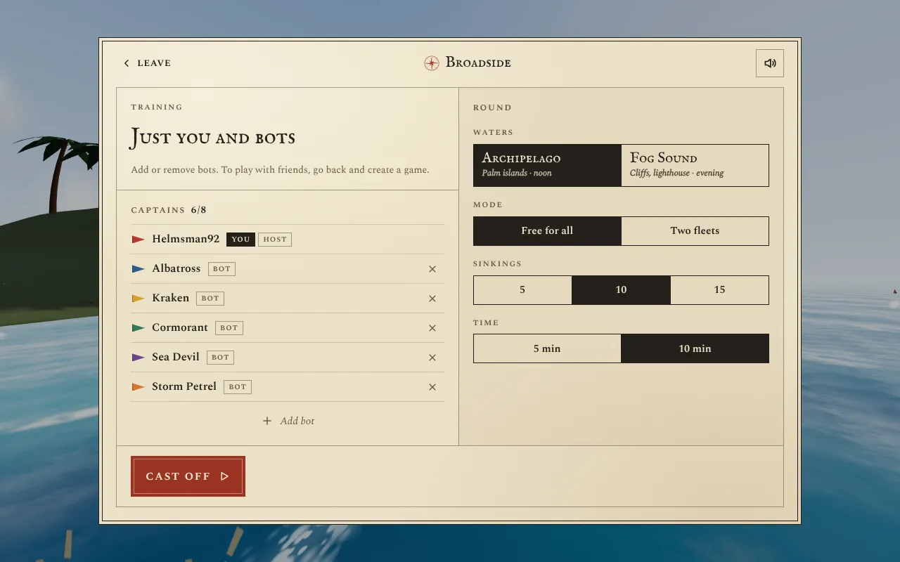 Broadside lobby in training mode: the list of captains with five bots, and settings for waters (Archipelago, Fog Sound), mode, sinkings and time.