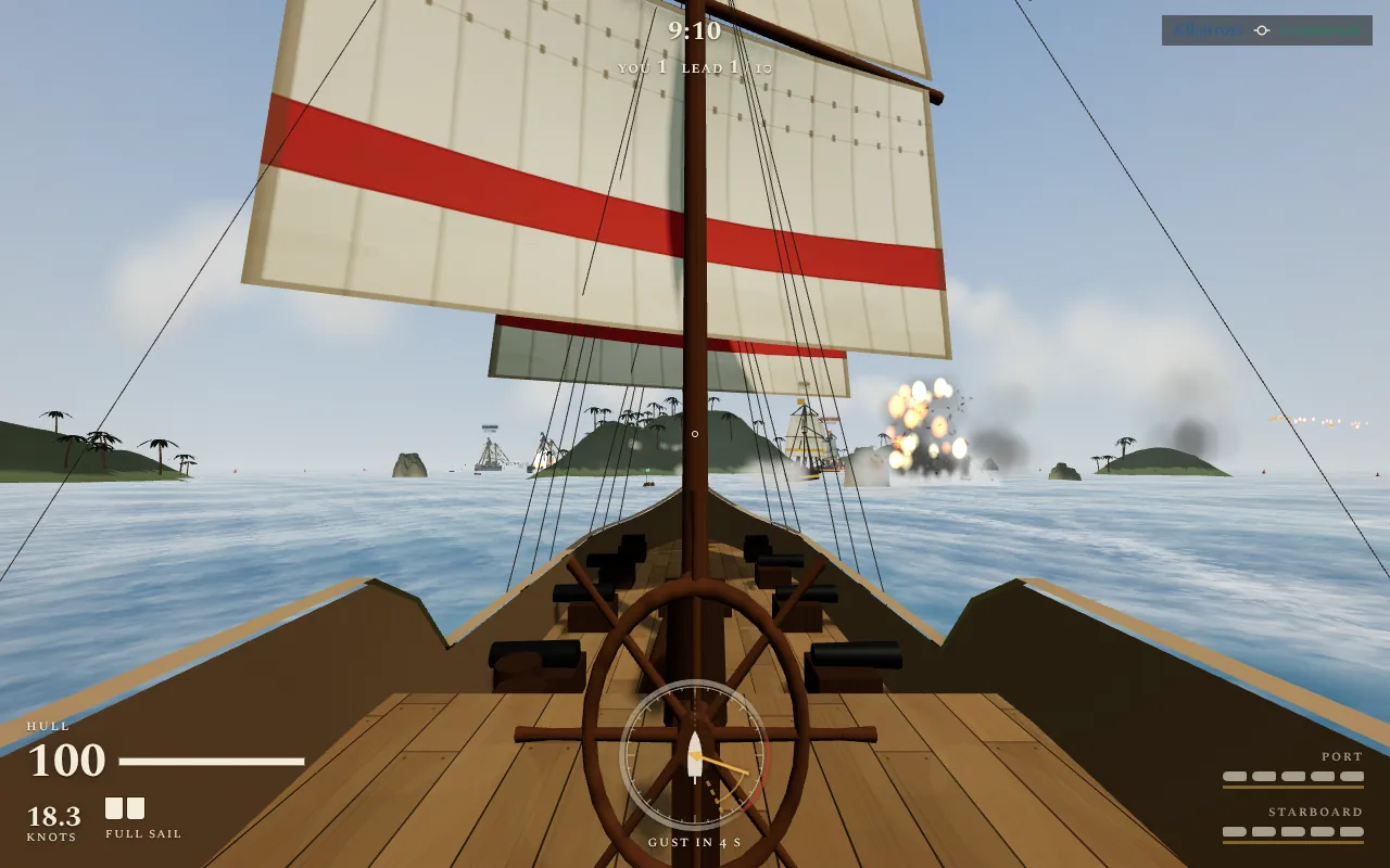 First-person view from the quarterdeck of a frigate under full sail at 18 knots: the wheel and the wind gauge in the foreground, palm islands and other ships ahead; under the gauge it says Gust in 4 s.