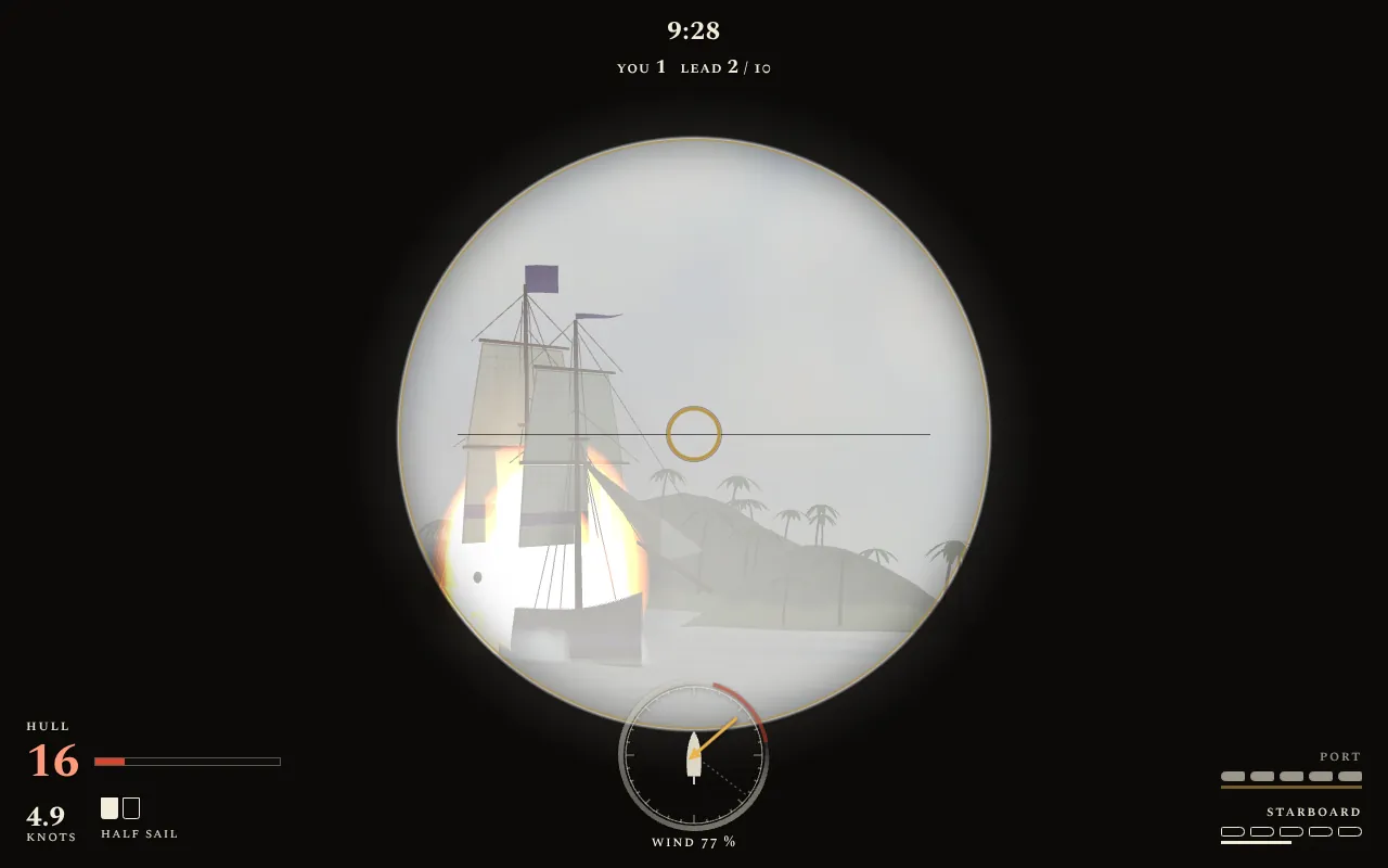 View through the spyglass: a frigate goes down in flames and smoke in front of a palm island.