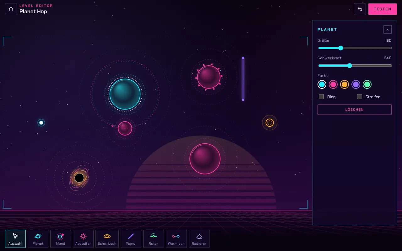 Level-Editor von Gravity Golf mit dem eigenen Level Planet Hop: zwei Planeten, ein Mond, ein Abstoßer, ein Schwarzes Loch und eine Wand, rechts die Einstellungen des gewählten Planeten, unten die Werkzeugleiste