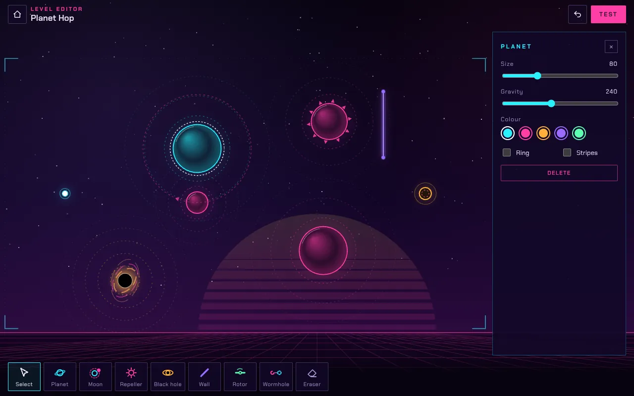 Gravity Golf level editor with a custom level called Planet Hop: two planets, a moon, a repeller, a black hole and a wall, the settings of the selected planet on the right and the tool bar at the bottom
