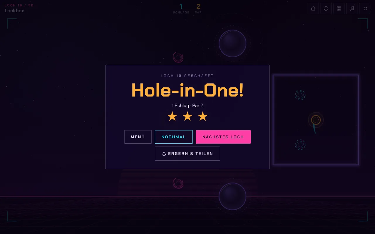 Ergebnis in Gravity Golf nach Loch 19: Hole-in-One!, 1 Schlag bei Par 2 und drei Sterne
