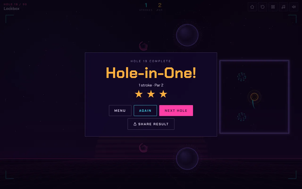 Gravity Golf result screen after hole 19: Hole-in-One!, 1 stroke at par 2 and three stars
