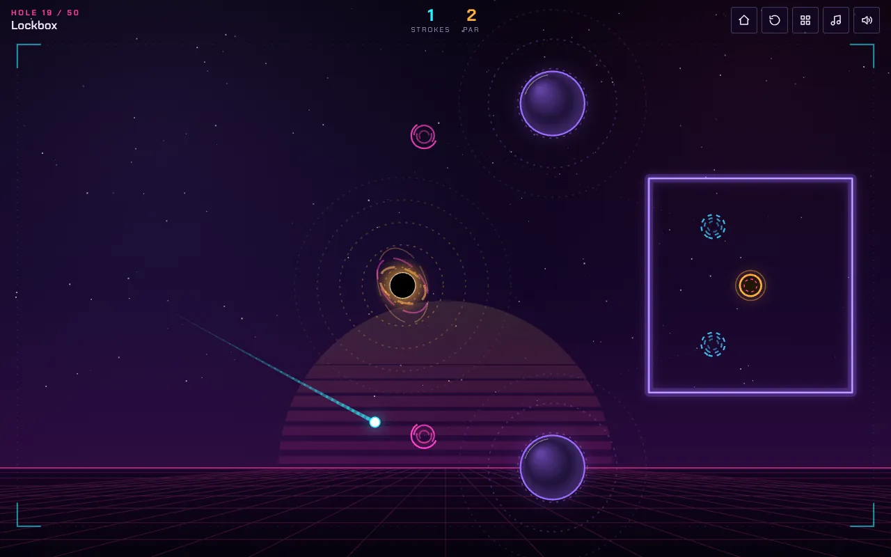 Das Loch Lockbox in Gravity Golf: Der Ball fliegt an einem Schwarzen Loch vorbei auf ein pinkes Wurmloch zu, rechts eine ummauerte Kammer mit dem Loch und zwei blauen Ausgängen