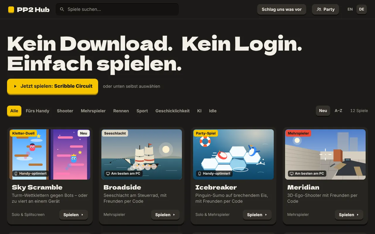 Startseite von PP2 Hub mit der Überschrift „Kein Download. Kein Login. Einfach spielen.“, Kategorie-Filtern und Spielkarten für Sky Scramble, Broadside, Icebreaker und Meridian