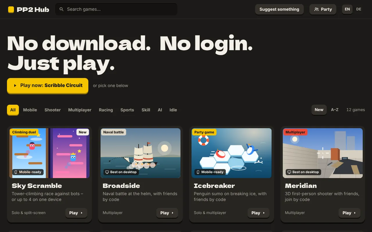 PP2 Hub home page with the heading “No download. No login. Just play.”, category filters and game cards for Sky Scramble, Broadside, Icebreaker and Meridian