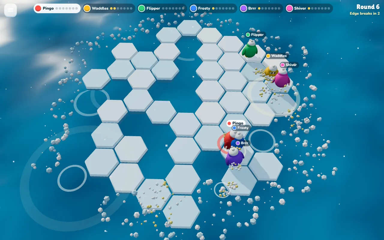 Arena in Icebreaker, nachdem der äußere Ring weggebrochen ist, umgeben von treibenden Eisbrocken, oben rechts der Countdown bis zum nächsten Randbruch