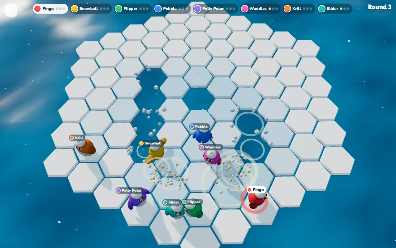 Acht Pinguine mit Namensschildern auf einem Feld aus sechseckigen Eisschollen in einer Runde Icebreaker, oben die Leiste mit dem Spielstand