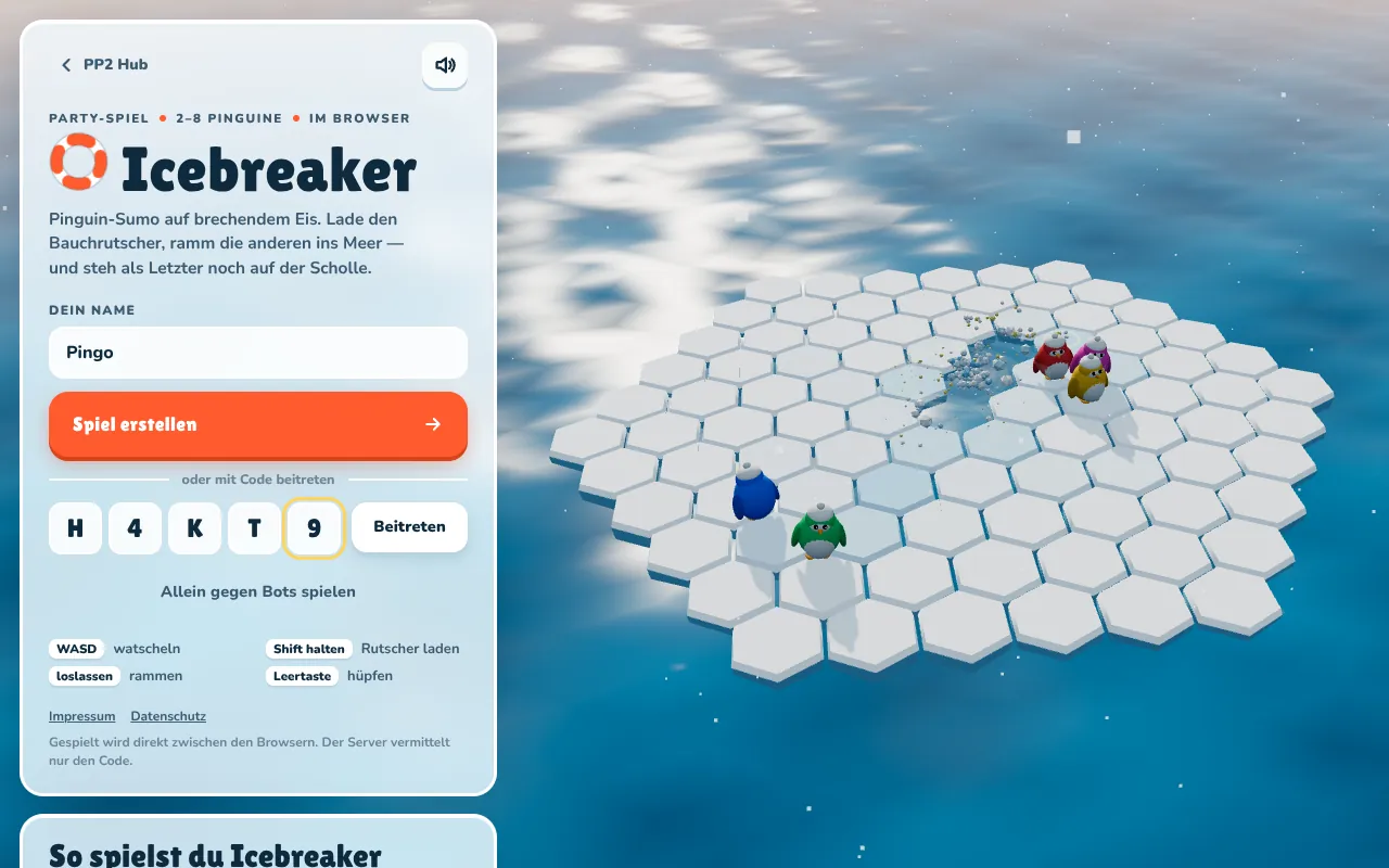 Startmenü von Icebreaker mit dem Namen Pingo und dem Code H4KT9 im Feld zum Beitreten, dahinter Pinguine auf dem Eis
