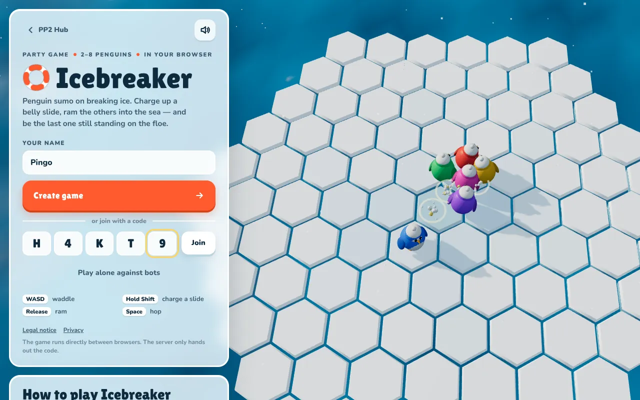 Icebreaker start menu with the name Pingo and the code H4KT9 typed into the join field, penguins on the ice behind it