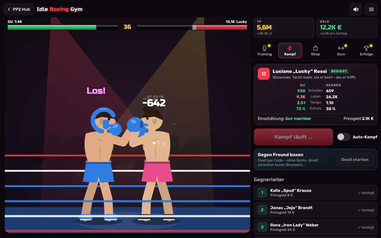 Ein Kampf in Idle Boxing Gym: dein Boxer in Blau gegen Luciano „Lucky“ Rossi in Pink, oben die Lebensbalken und die verbleibenden Sekunden, rechts die Gegnerkarte mit dem Wertevergleich