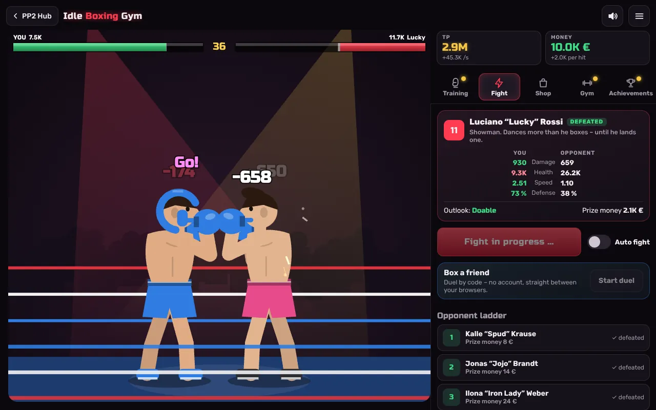 A fight in Idle Boxing Gym: your boxer in blue against Luciano “Lucky” Rossi in pink, health bars and the remaining seconds at the top, the opponent card with the stat comparison on the right