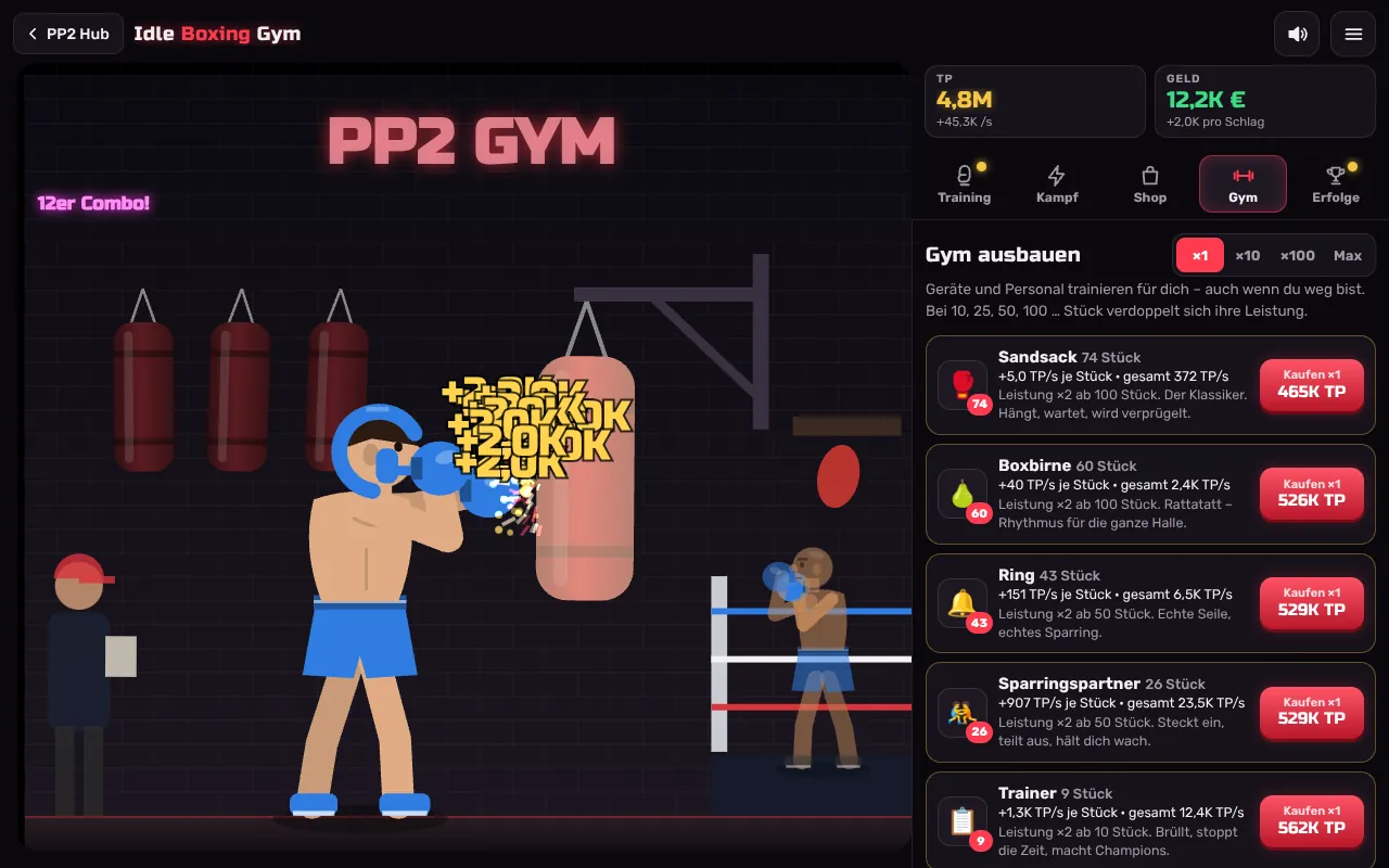 Reiter Gym in Idle Boxing Gym: Sandsack, Boxbirne, Ring, Sparringspartner und Trainer mit ihren TP pro Sekunde und Preisen, oben +45,3K TP pro Sekunde