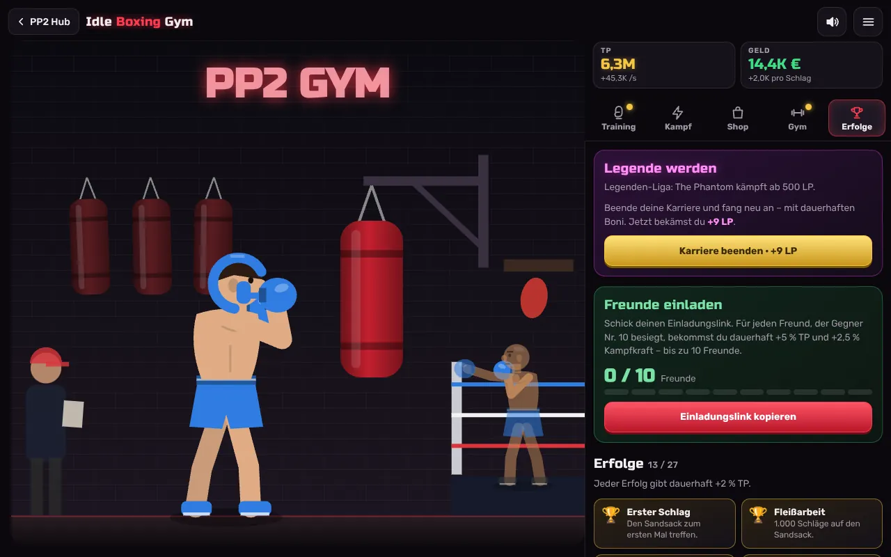 Reiter Erfolge in Idle Boxing Gym mit der Karte „Legende werden“ und dem Knopf „Karriere beenden · +9 LP“, darunter Freunde einladen und die Erfolge