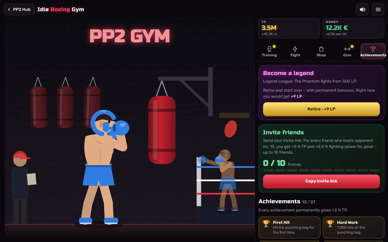 Achievements tab of Idle Boxing Gym with the card “Become a legend” and the button “Retire · +9 LP”, below it Invite friends and the achievements