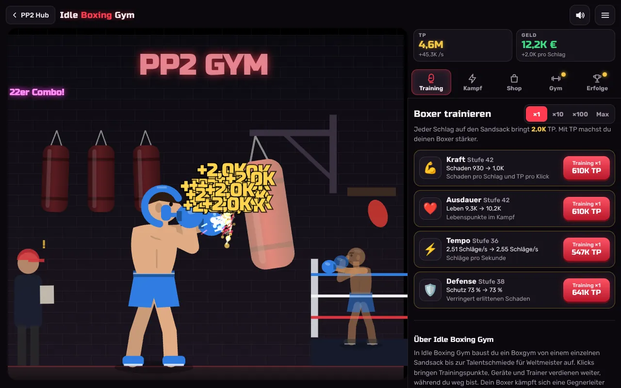 Idle Boxing Gym im Reiter Training: Der Boxer schlägt mit einer 22er-Combo auf den Sandsack, rechts die vier Werte Kraft, Ausdauer, Tempo und Defense mit ihren Trainingspreisen