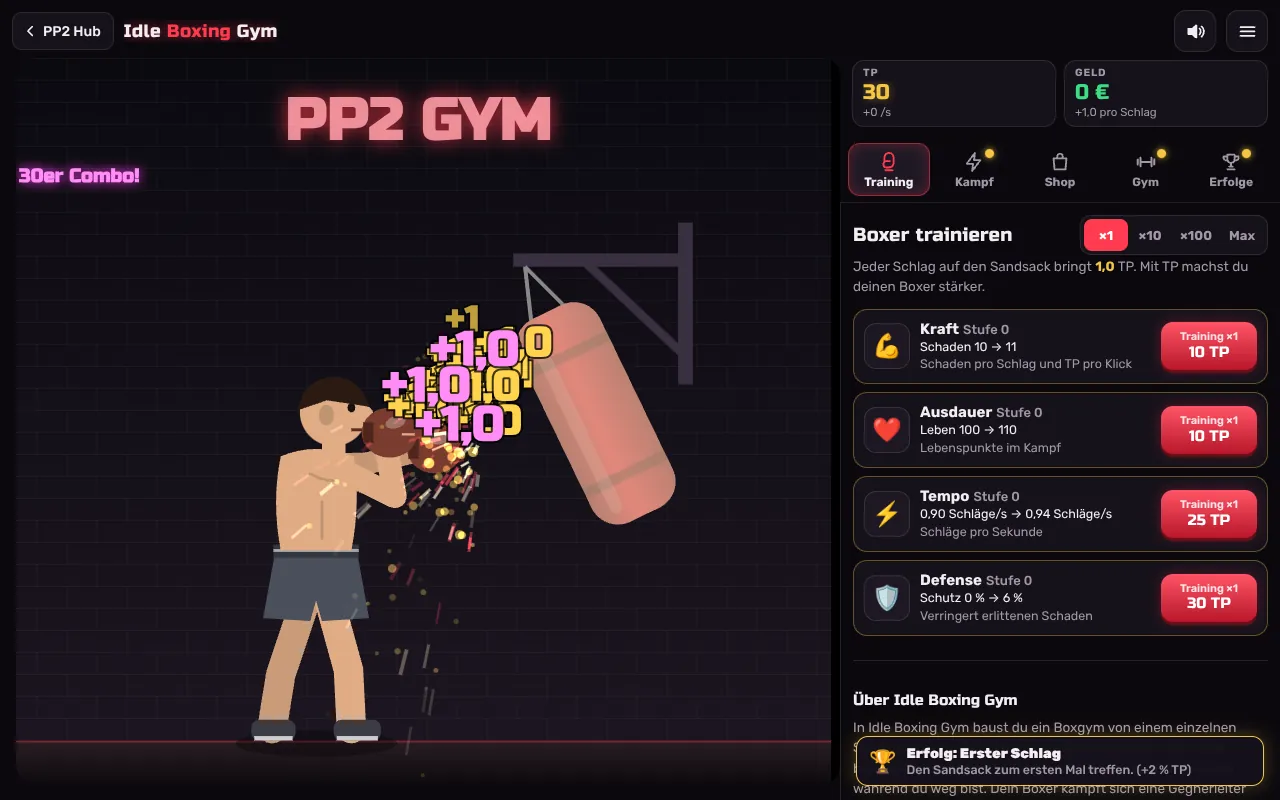 Idle Boxing Gym ganz am Anfang: Der Boxer schlägt auf den Sandsack, oben 30 TP und +0 /s, alle vier Werte auf Stufe 0
