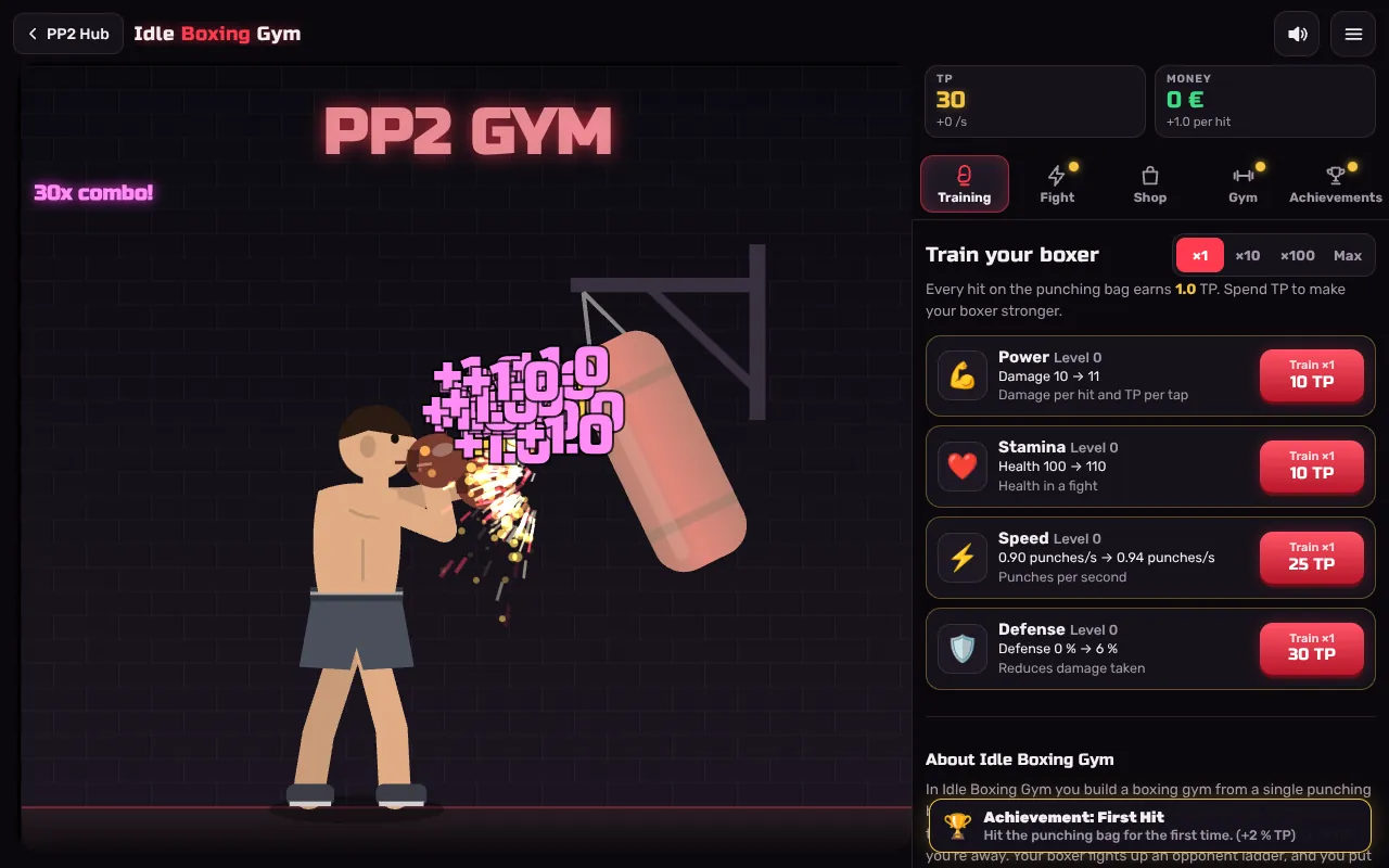 Idle Boxing Gym at the very start: the boxer hits the punching bag, 30 TP and +0 /s at the top, all four stats at level 0