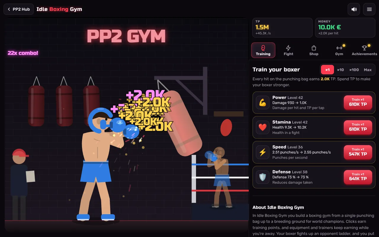 Idle Boxing Gym on the Training tab: the boxer hits the punching bag in a 22x combo, on the right the four stats Power, Stamina, Speed and Defense with their training prices
