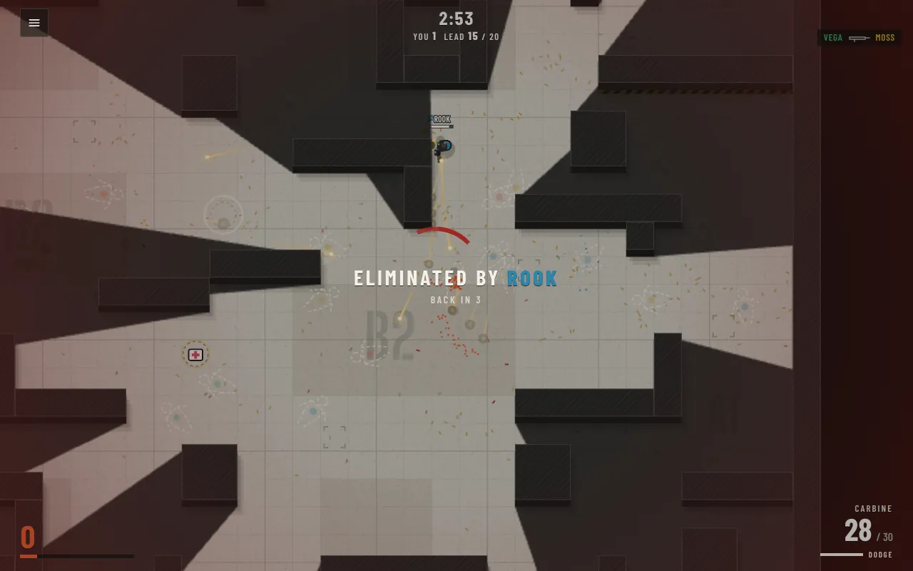 After being taken out: Eliminated by Rook, back in 3, over the reddened map, with chalk outlines and brass casings on the floor.