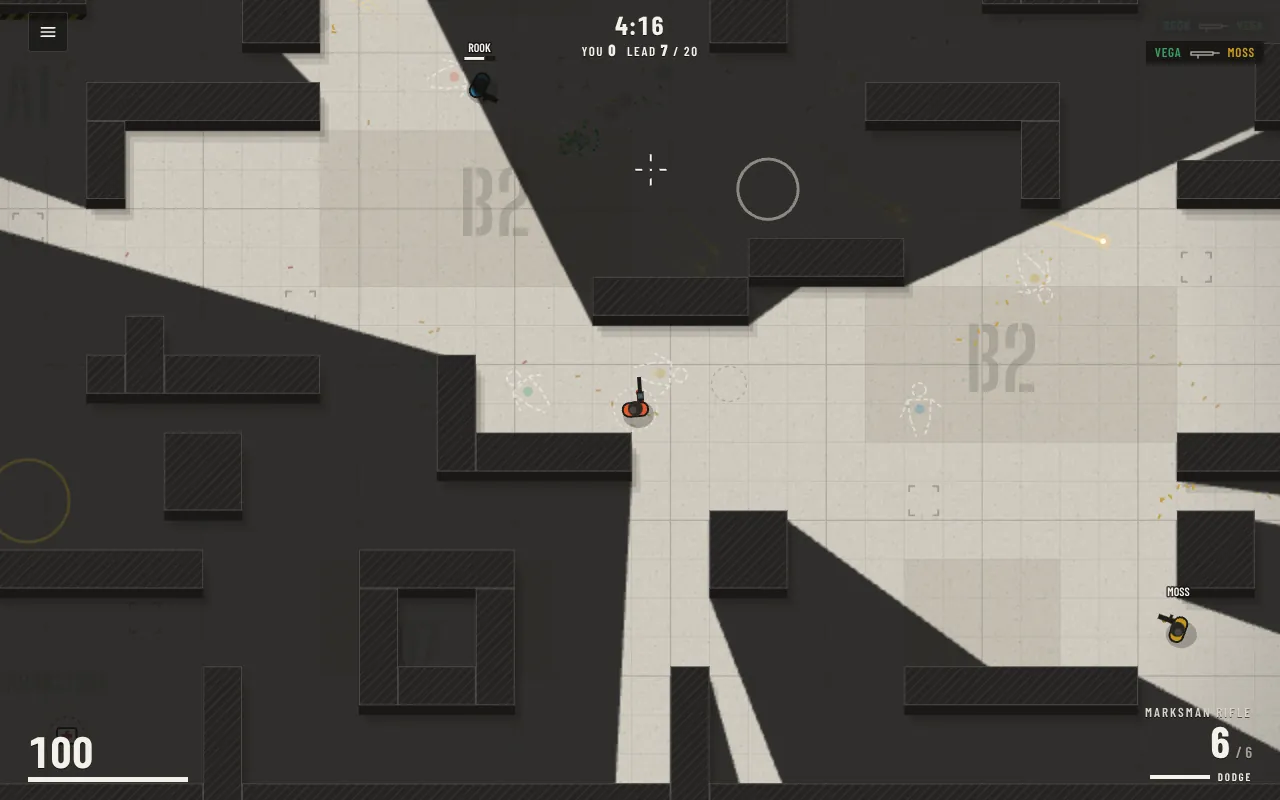 Top-down view of the Warehouse map: the player in the centre with a marksman rifle, light floor where they can see, darkened areas behind the walls, two enemies named Rook and Moss in the lit area and chalk outlines on the floor.
