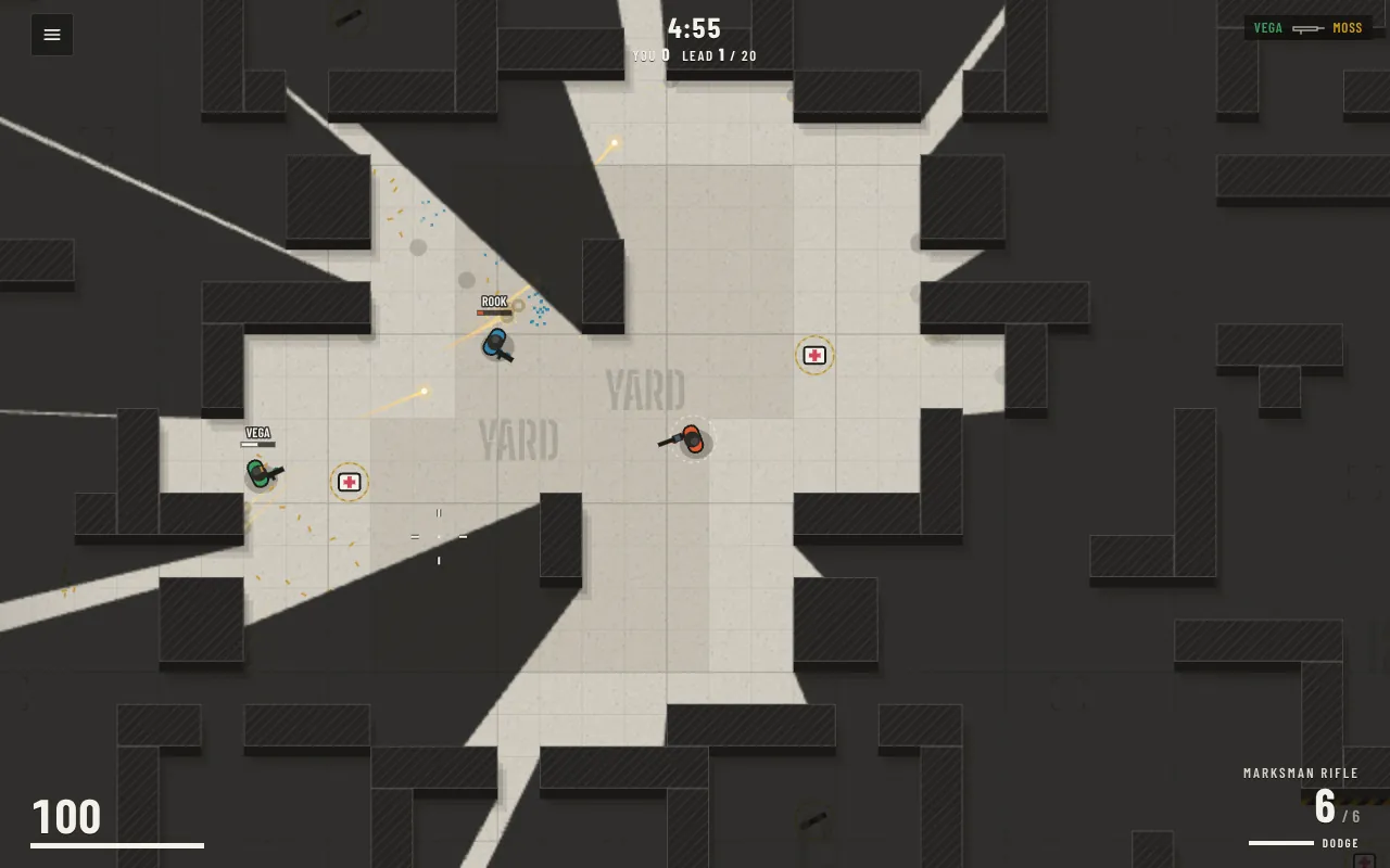 The Yard map: the open yard in the middle with stencilled lettering on the floor, two first-aid kits and two enemies, Rook and Vega.