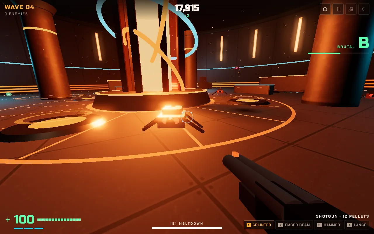 First-person view in Meltdown, wave 4: a crawler runs at the player across the reactor hall, behind it the glowing core and pillars