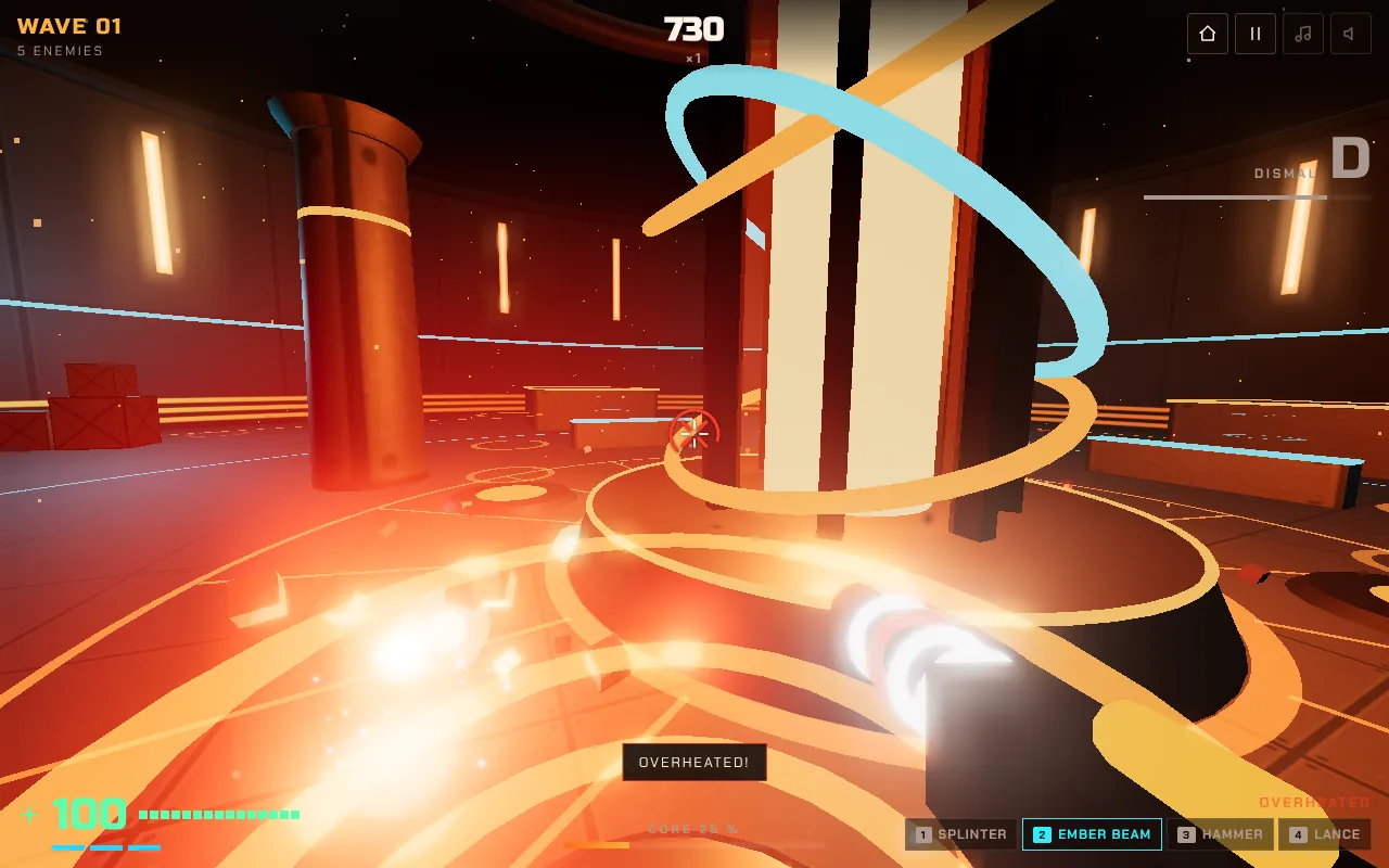 Meltdown: the Ember Beam glowing white, with the message OVERHEATED in the middle of the screen and in the weapon status at the bottom right