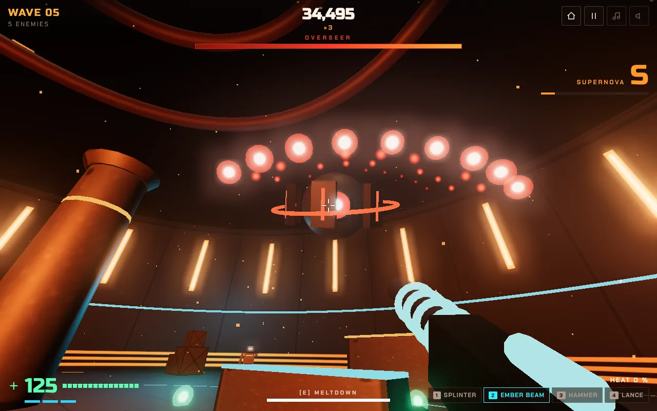 The Overseer boss in Meltdown fires a wide fan of glowing red projectiles, its health bar runs across the top of the screen
