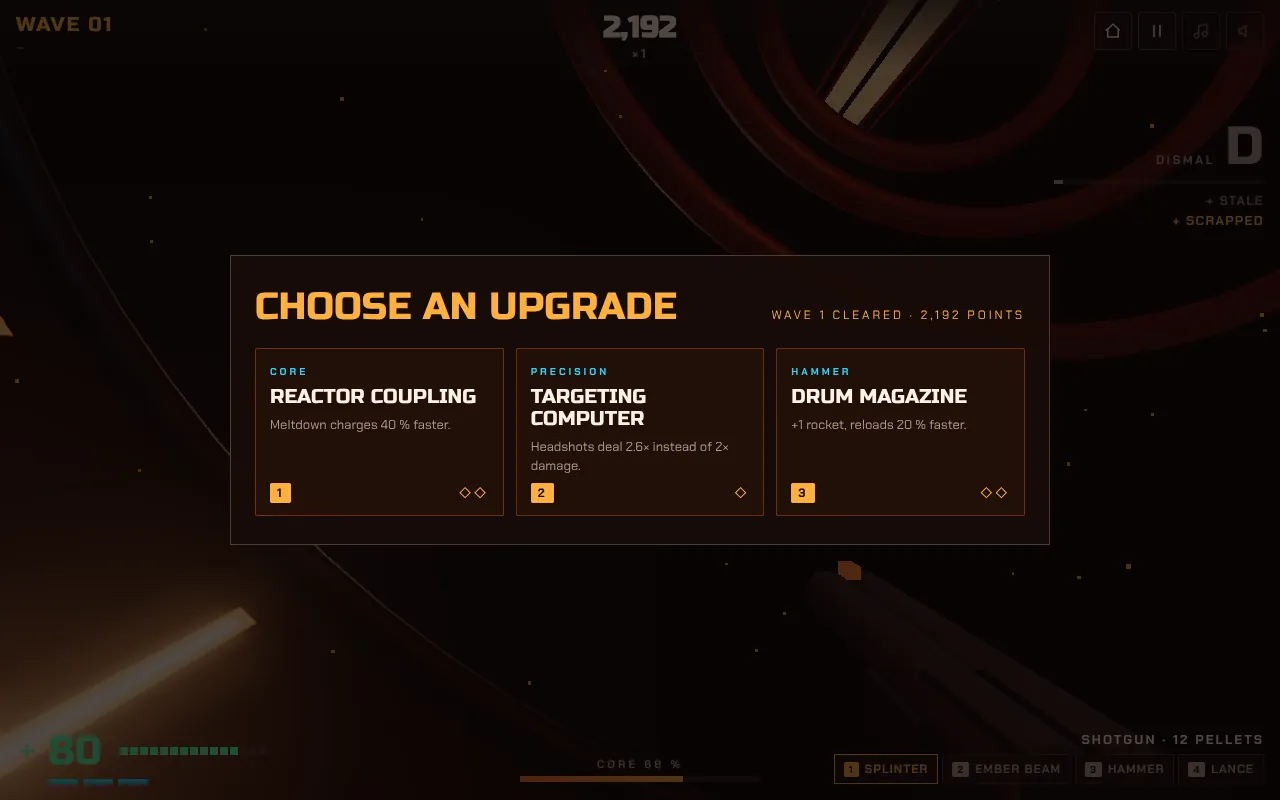 Upgrade choice in Meltdown after wave 1: three cards – Reactor Coupling, Targeting Computer and Drum Magazine