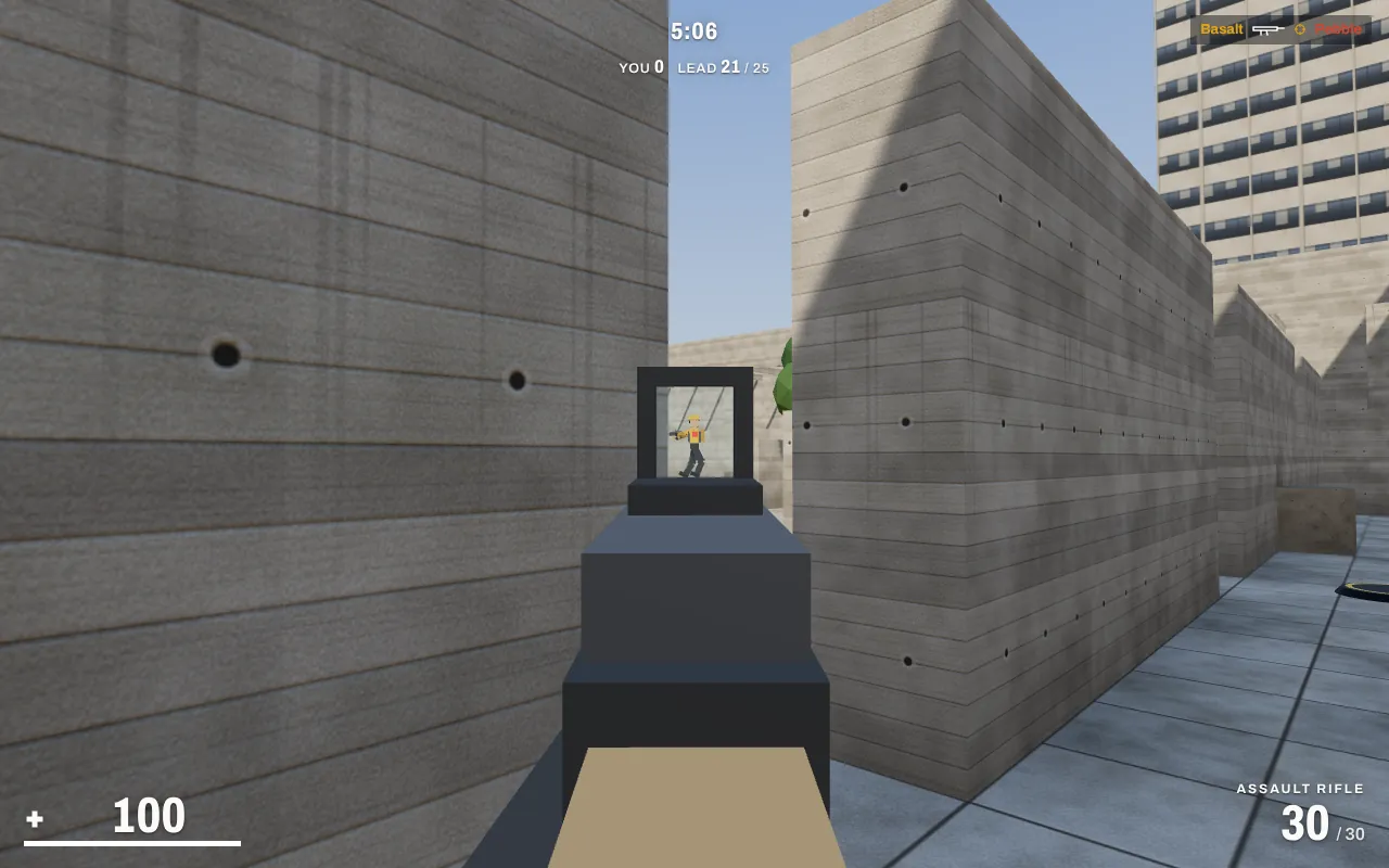 Aiming with the assault rifle in Meridian: a bot framed in the rifle's sight, concrete walls to the left and right