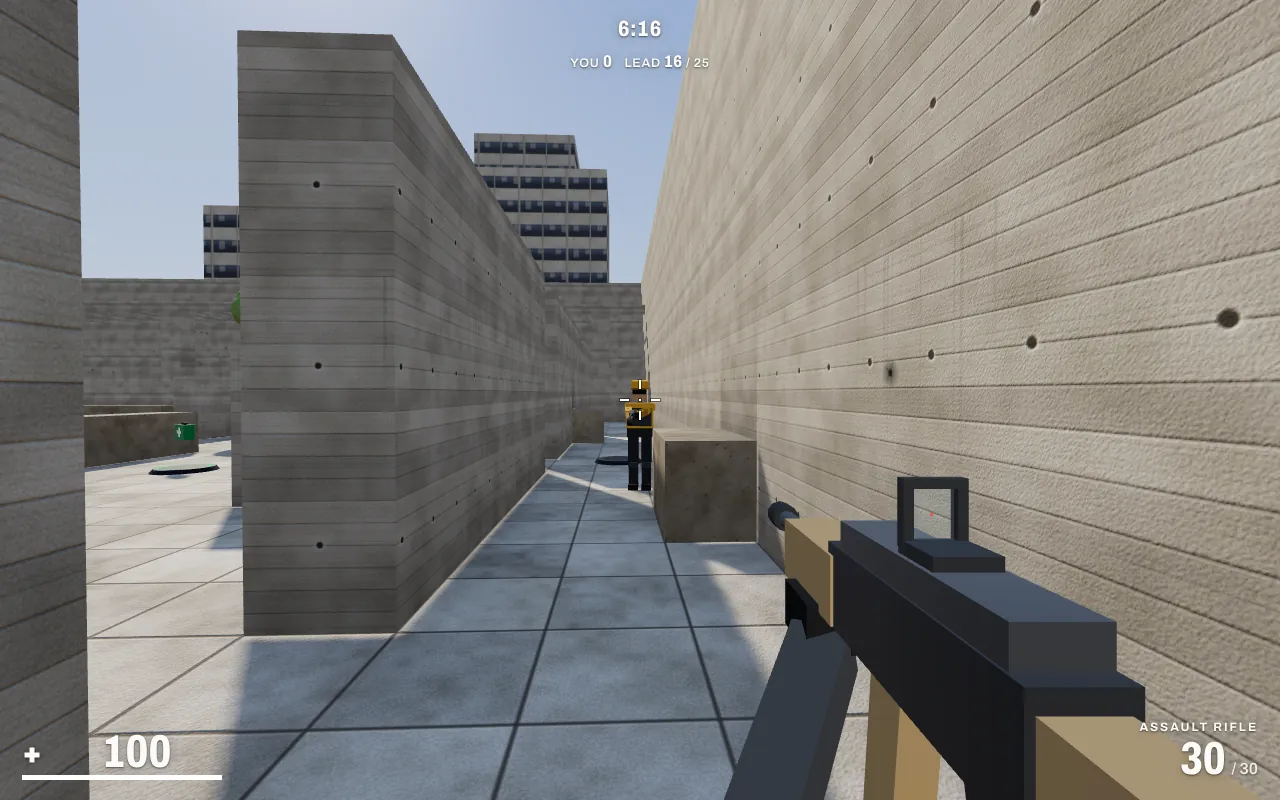 First-person view in Meridian: a bot at the end of a concrete corridor with the crosshair on its head, the assault rifle in the foreground