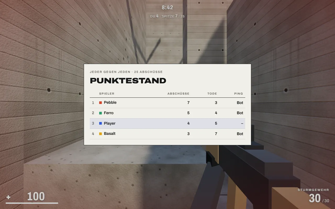 Punktestand in Meridian in einer Runde Jeder gegen jeden bis 25 Abschüsse: vier Spieler mit Abschüssen, Toden und Ping, die Bots als Bot markiert