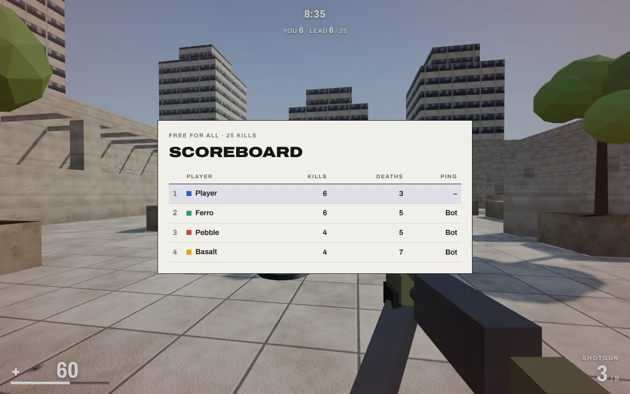 Meridian scoreboard in a free-for-all round to 25 kills: four players with kills, deaths and ping, the bots marked as Bot