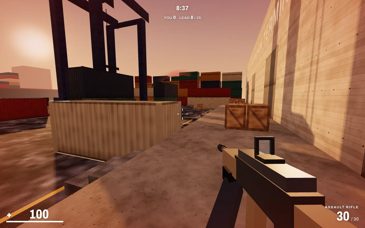 The Shipyard map in Meridian at dusk: stacked containers, wooden crates, a crane and the terminal building