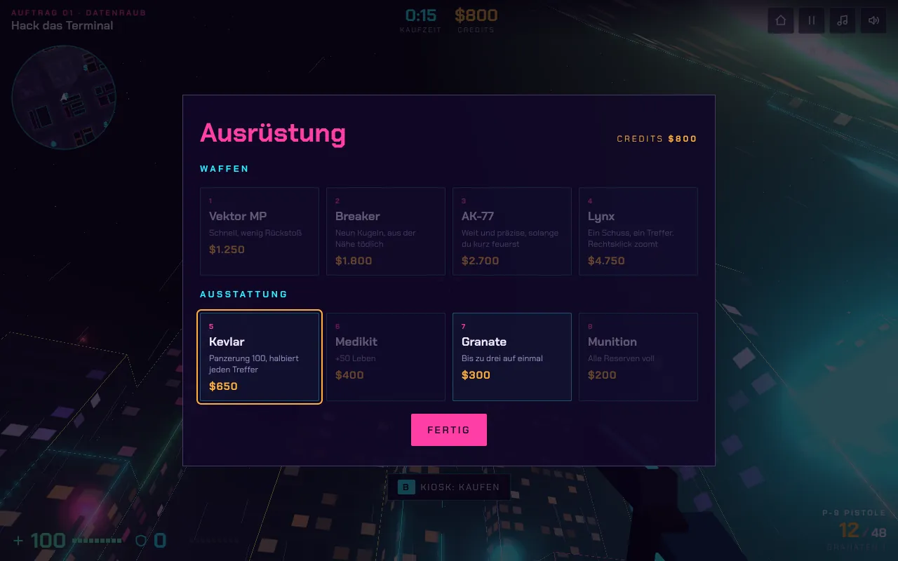 Das Ausrüstungsmenü in Neon Syndicate mit vier Waffen (Vektor MP, Breaker, AK-77, Lynx) und vier Teilen Ausstattung, Guthaben 800 Dollar