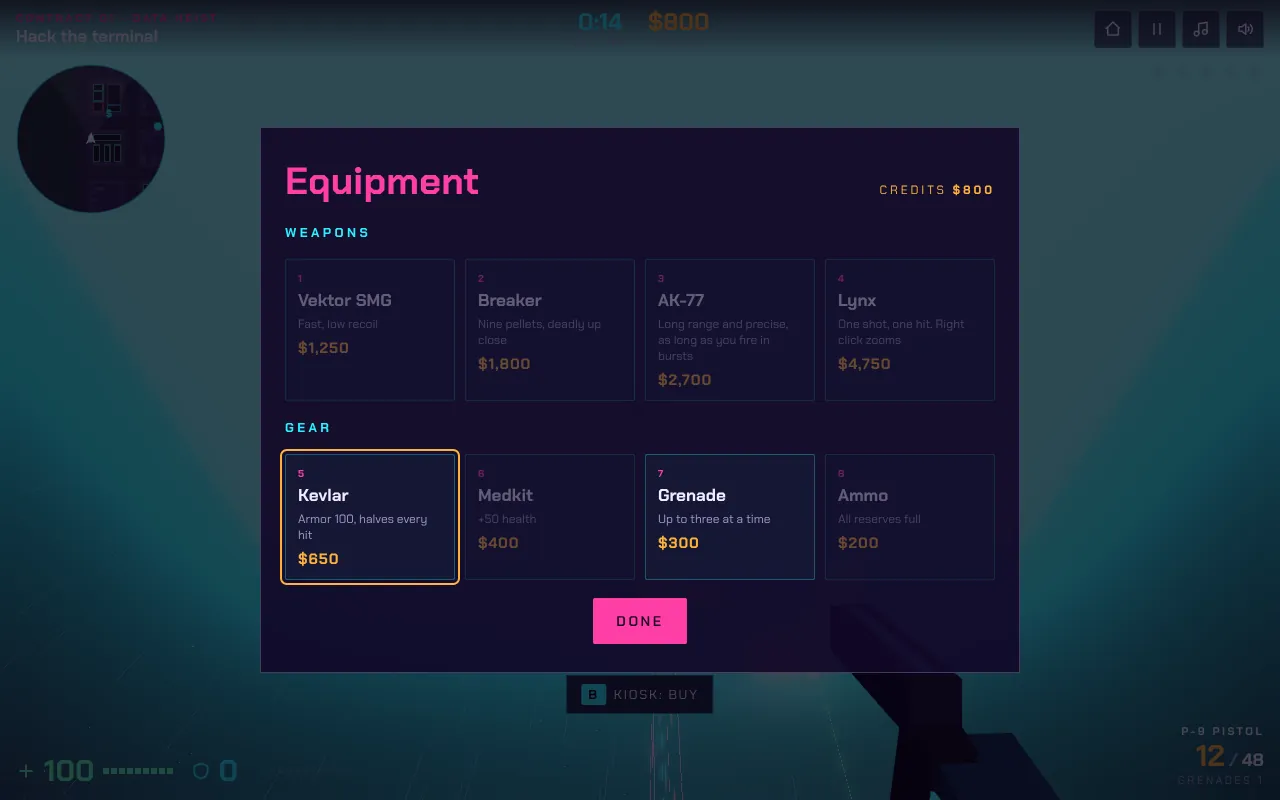 The Equipment menu in Neon Syndicate with four weapons (Vektor SMG, Breaker, AK-77, Lynx) and four gear items, credits $800