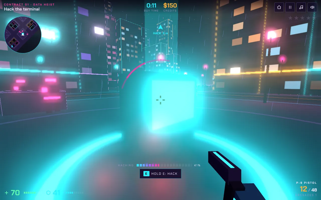 Hacking the terminal in Neon Syndicate: the progress bar reads Hacking 41%, the glowing terminal stands on a plaza between neon-lit tower blocks