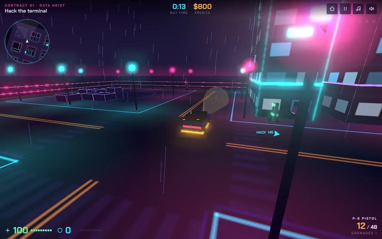 Neon Syndicate: view from behind a hijacked car driving down a rainy street lined with neon street lamps