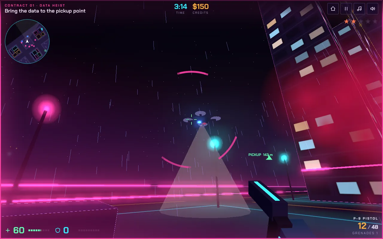 A police drone with a spotlight hovers over a neon-lit street in Neon Syndicate, two of five wanted stars are lit at the top right