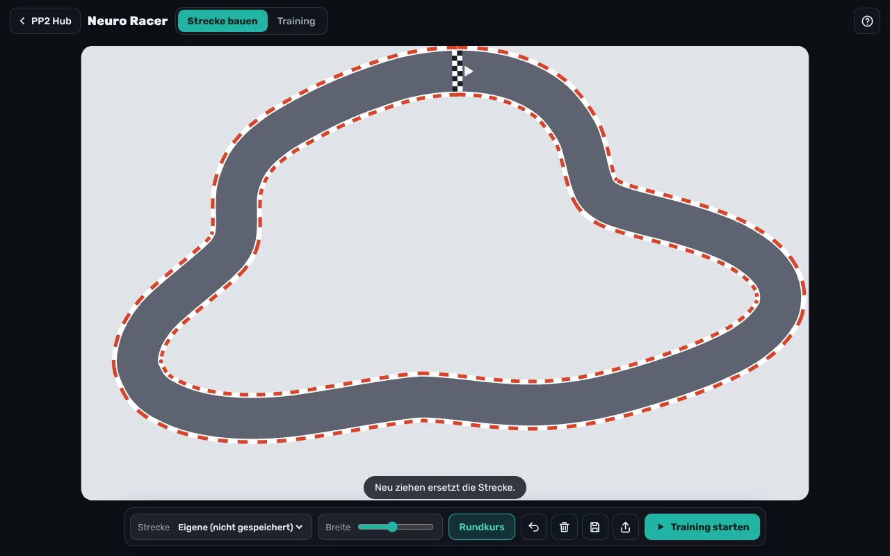 Reiter „Strecke bauen“ in Neuro Racer mit einem von Hand gezeichneten Rundkurs, oben die Startlinie, unten die Leiste mit Breite, Rundkurs, Speichern, Teilen und „Training starten“