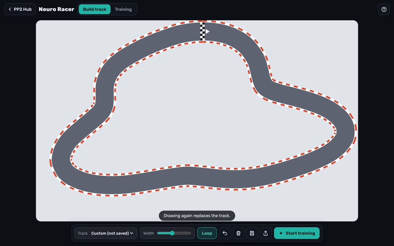 Neuro Racer “Build track” tab with a hand-drawn closed loop, the start line at the top and the toolbar with Width, Loop, save, share and Start training