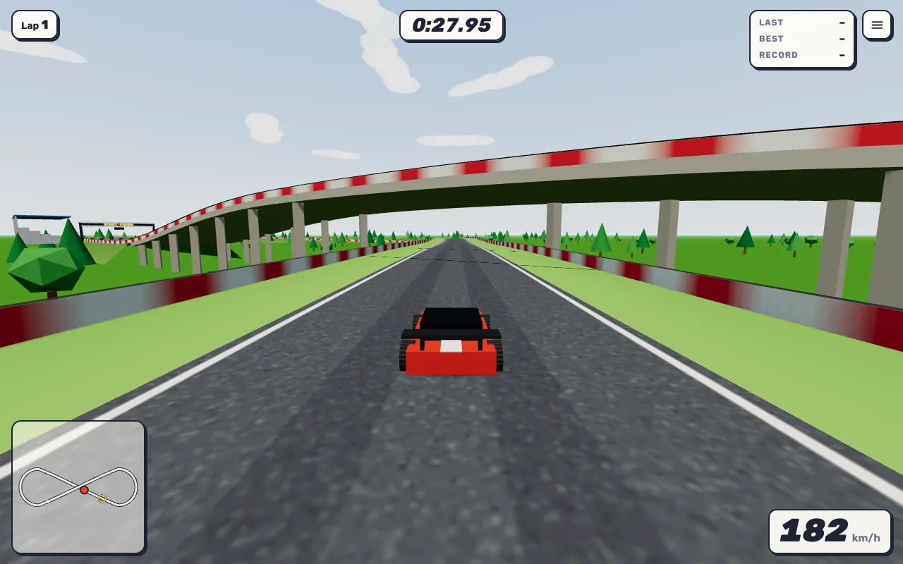 Red race car on the figure-eight track driving towards a bridge on pillars that carries the other half of the track, minimap at the bottom left